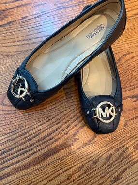 MICHAEL Michael Kors Black Leather MK Logo Ballet Flats with Gold Hardware